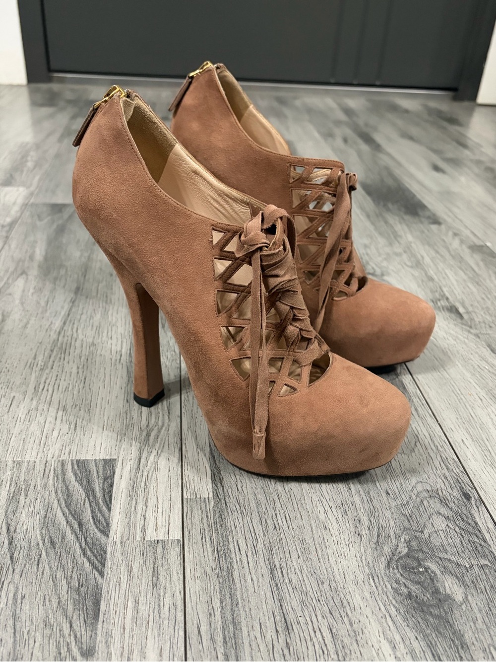 Prada Tan Suede Lace-Up High Heel Booties